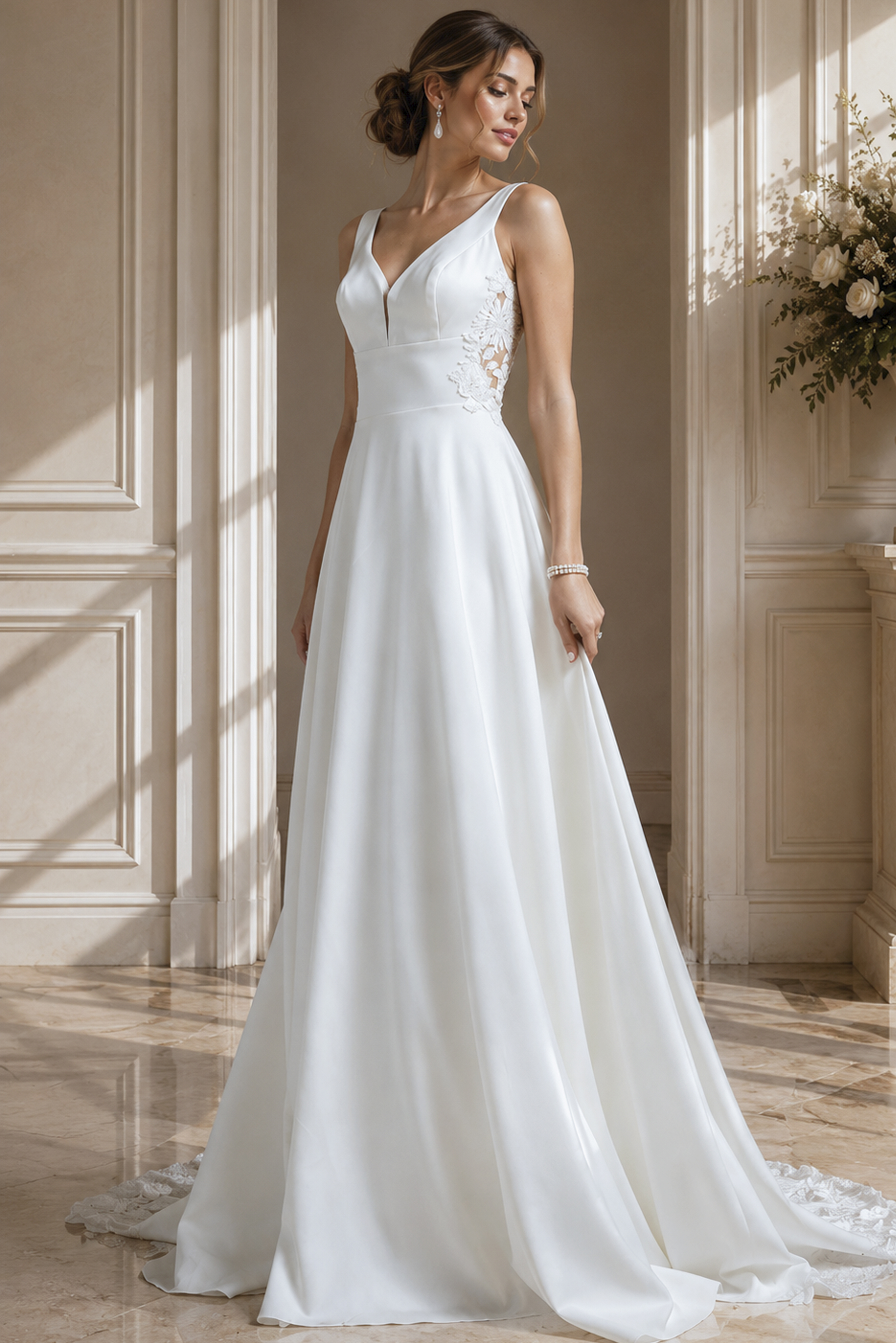 Refined satin gown with a deep illusion back, flattering waistline, and graceful movement.