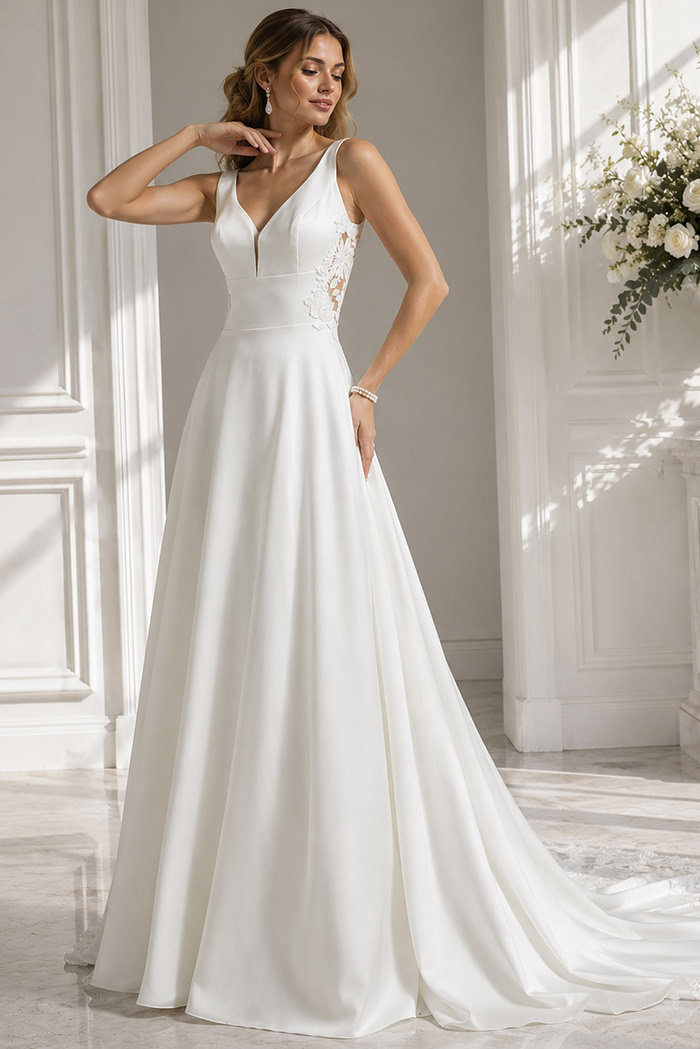 A-line design with romantic floral appliqués and elegant cathedral train.