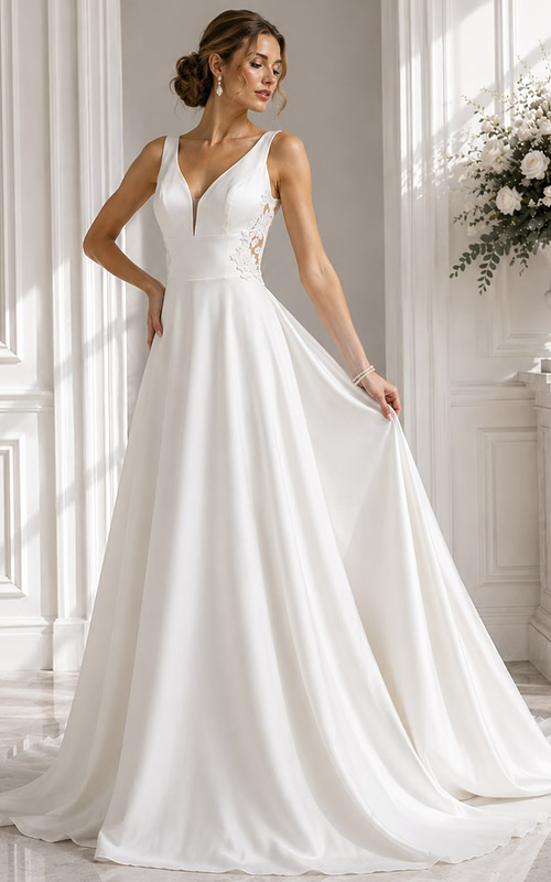 Clean V-neck silhouette featuring lace side accents and a flowing full skirt.