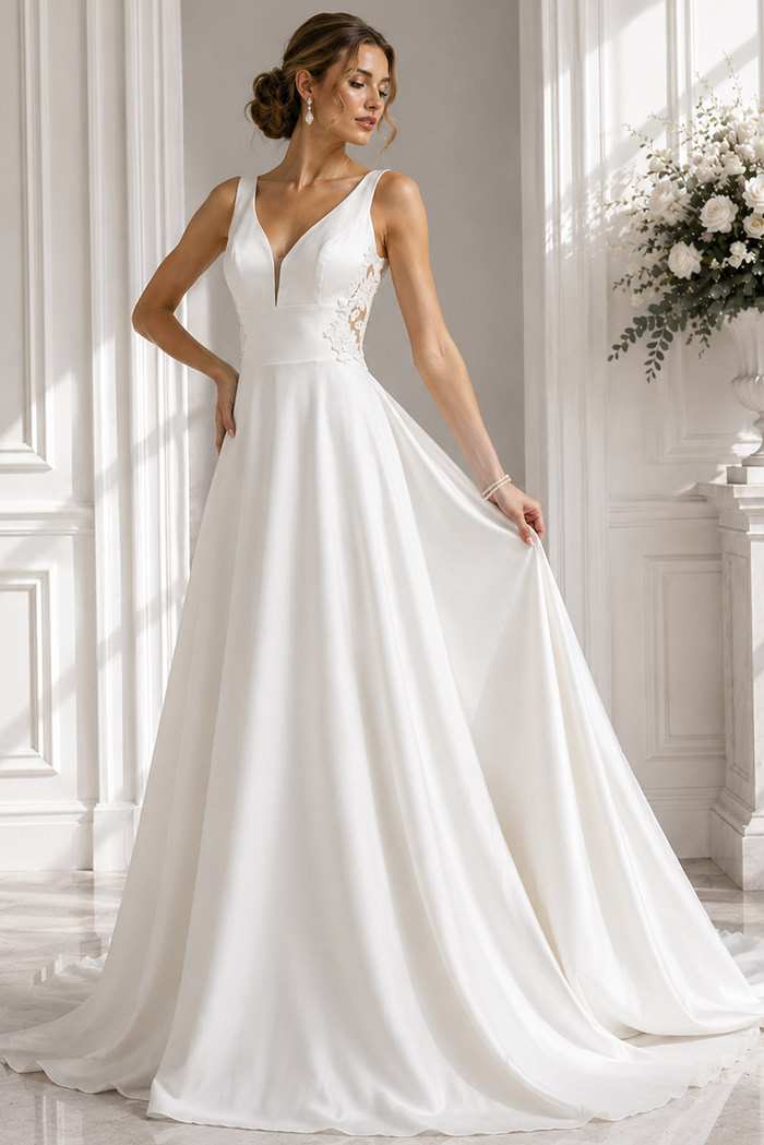 Clean V-neck silhouette featuring lace side accents and a flowing full skirt.