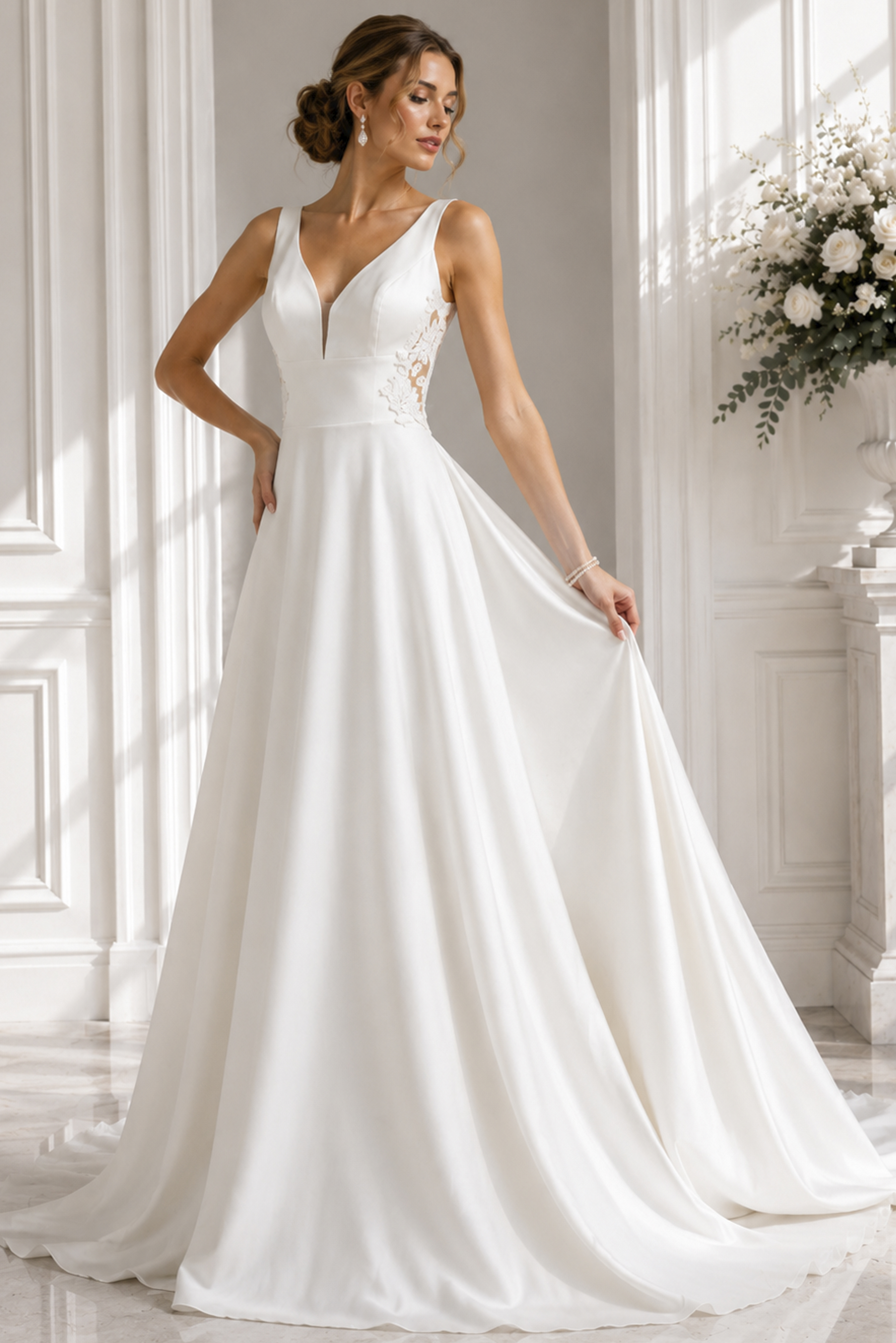 Clean V-neck silhouette featuring lace side accents and a flowing full skirt.