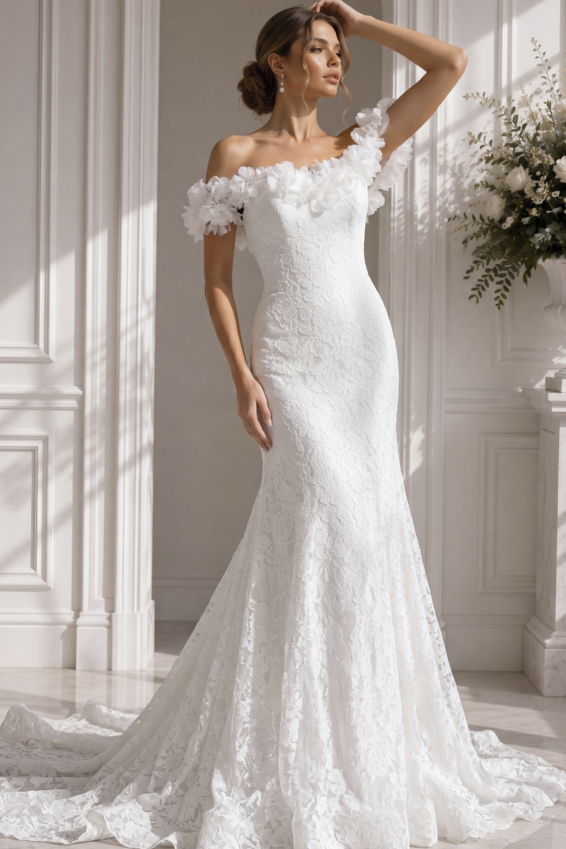 Strapless sweetheart beaded lace mermaid wedding dress with layered tulle flare hem train