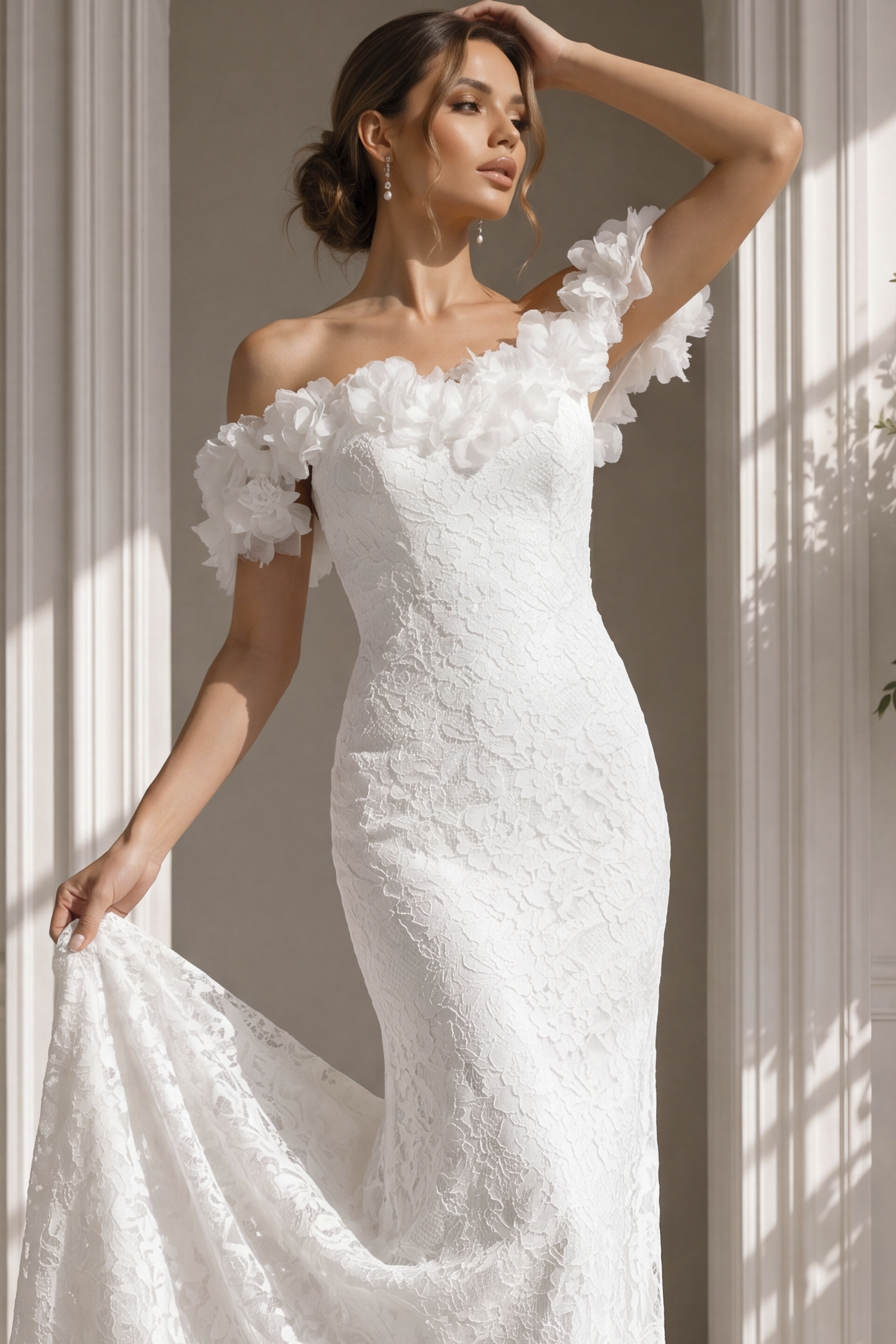Deep V spaghetti strap floral lace mermaid wedding gown with sheer embroidered bodice and soft skirt flare