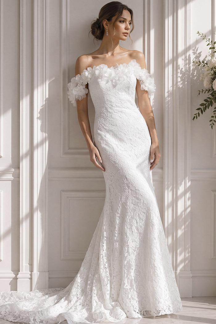 Off-shoulder floral appliqué mermaid wedding dress with structured lace corset and fitted silhouette