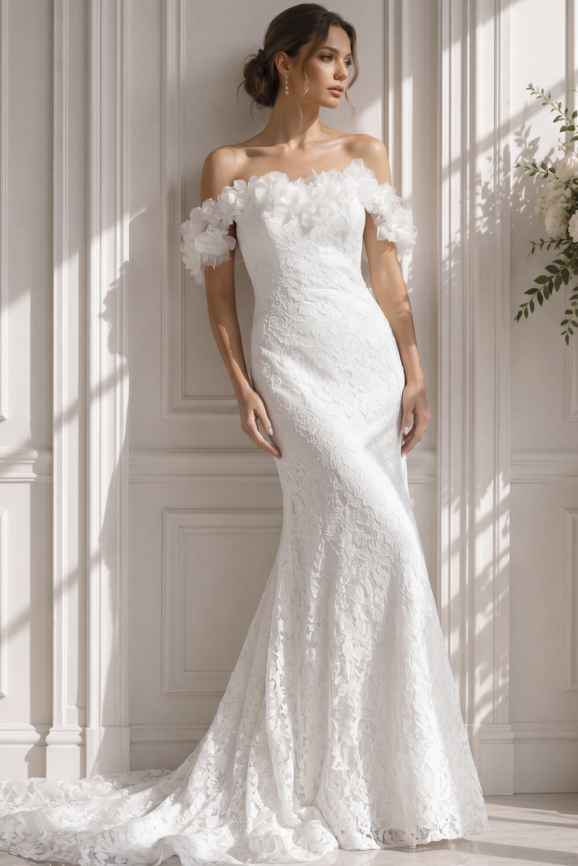 Off-shoulder floral appliqué mermaid wedding dress with structured lace corset and fitted silhouette