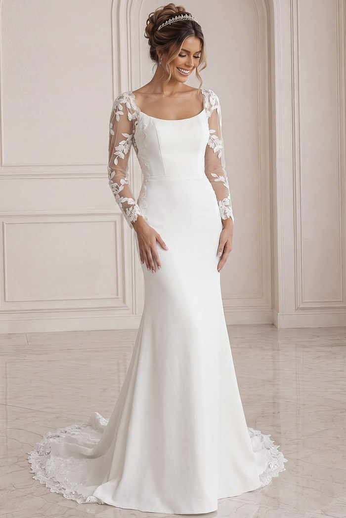 ivory satin fitted mermaid wedding dress with scoop neckline and sheer floral lace long sleeves, front view, Jovani Bridal style JB42297