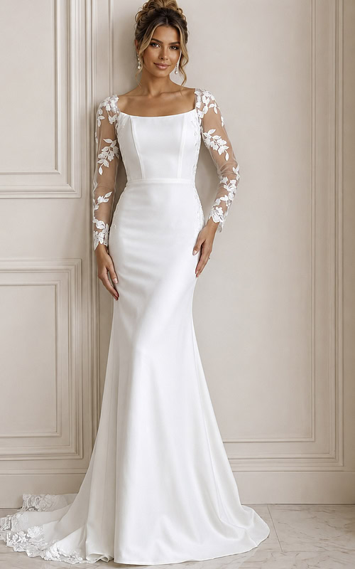 ivory satin fitted mermaid wedding dress with scoop neckline and sheer floral lace long sleeves, front view, Jovani Bridal style JB42297