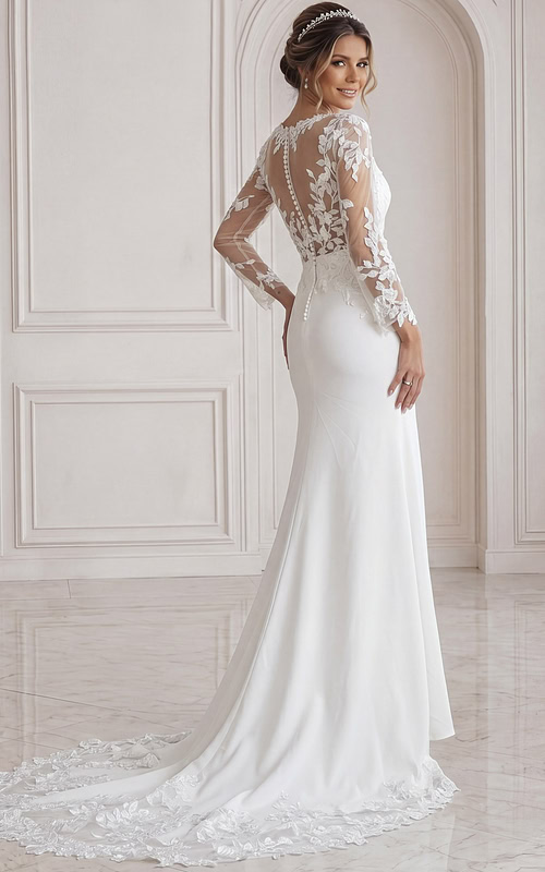 ivory satin fitted mermaid wedding dress with scoop neckline and sheer floral lace long sleeves, front view, Jovani Bridal style JB42297