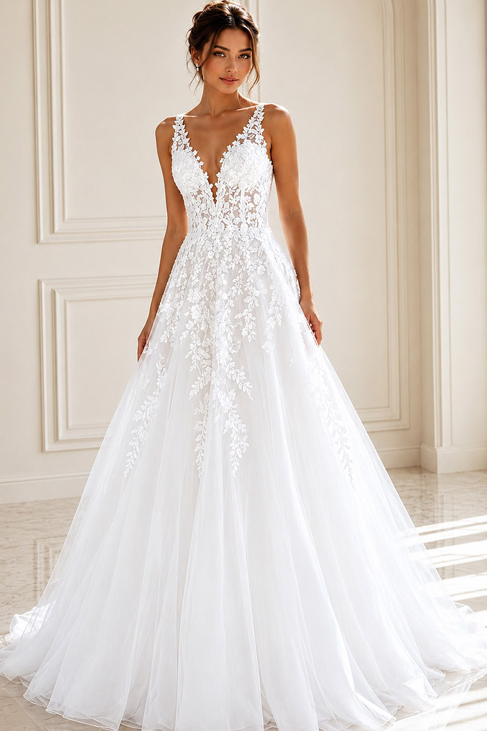 ivory floral lace A-line wedding dress with plunging V neckline and tulle skirt, front view, Jovani Bridal style JB42323
