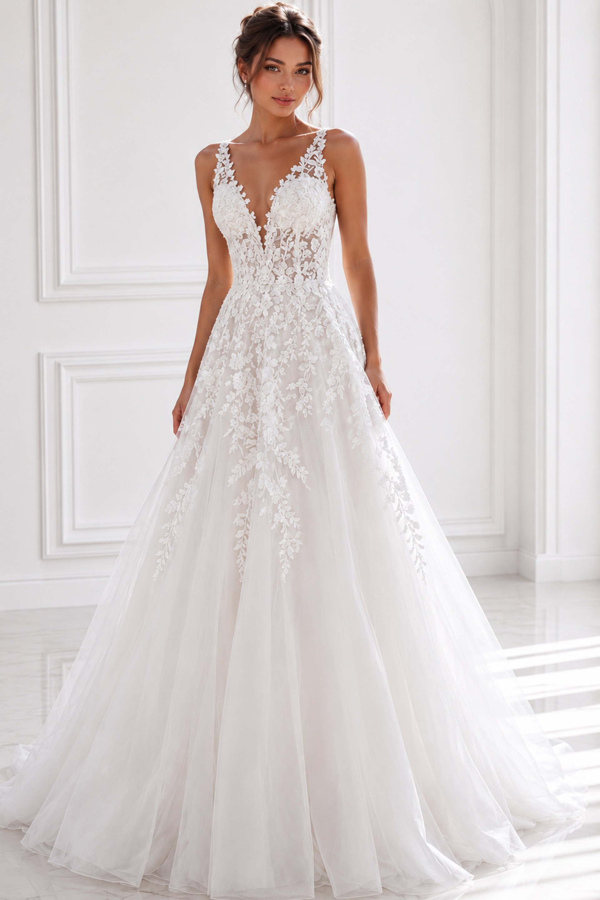 ivory floral lace A-line wedding dress with plunging V neckline and tulle skirt, front view, Jovani Bridal style JB42323