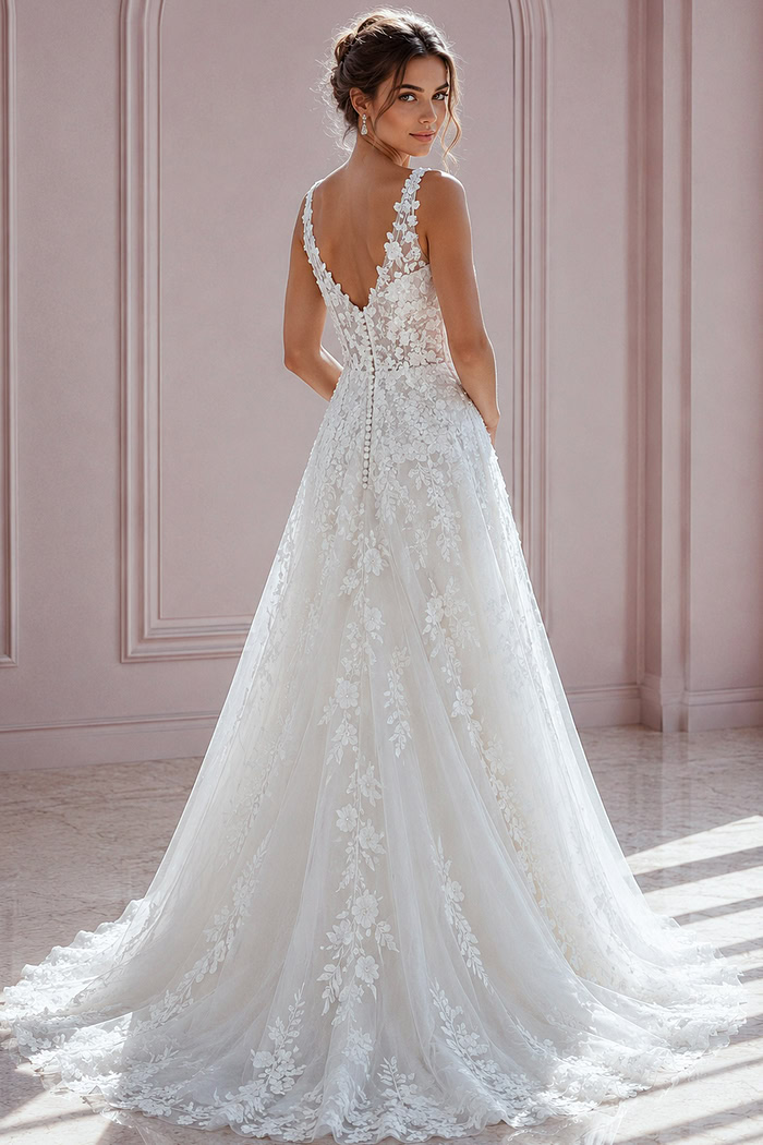 ivory floral lace A-line wedding dress with plunging V neckline and tulle skirt, front view, Jovani Bridal style JB42323