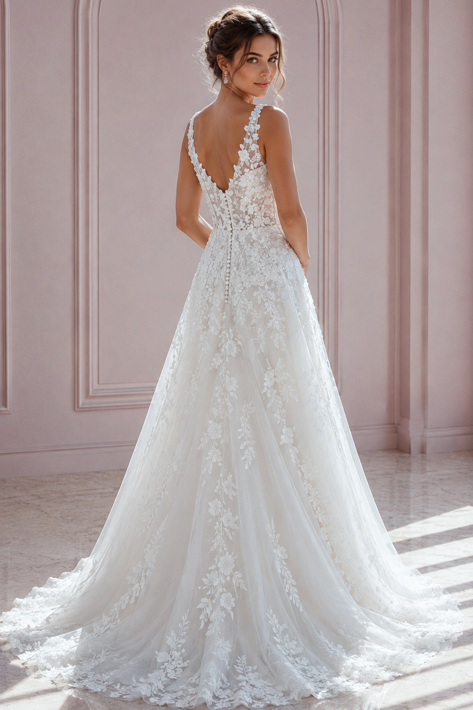 ivory floral lace A-line wedding dress with plunging V neckline and tulle skirt, front view, Jovani Bridal style JB42323