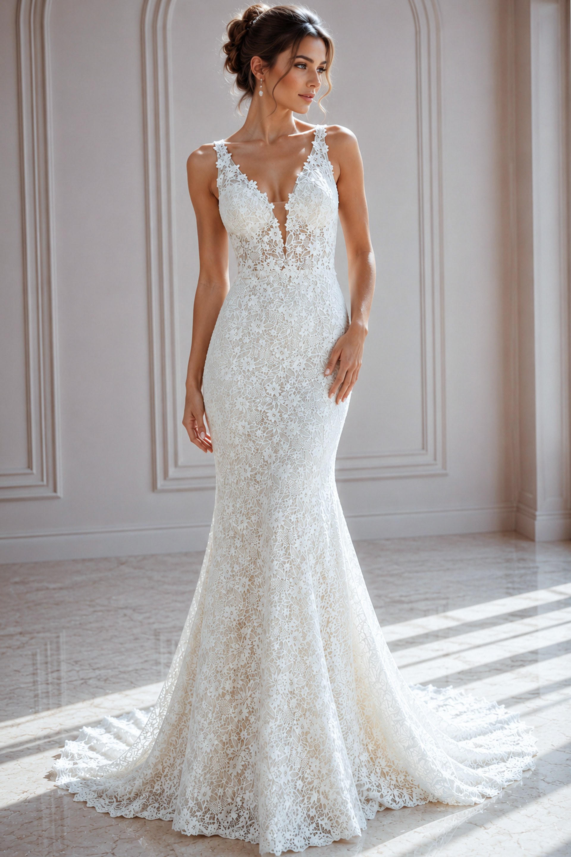 ivory floral lace A-line wedding dress with plunging V neckline and tulle skirt, front view, Jovani Bridal style JB42323