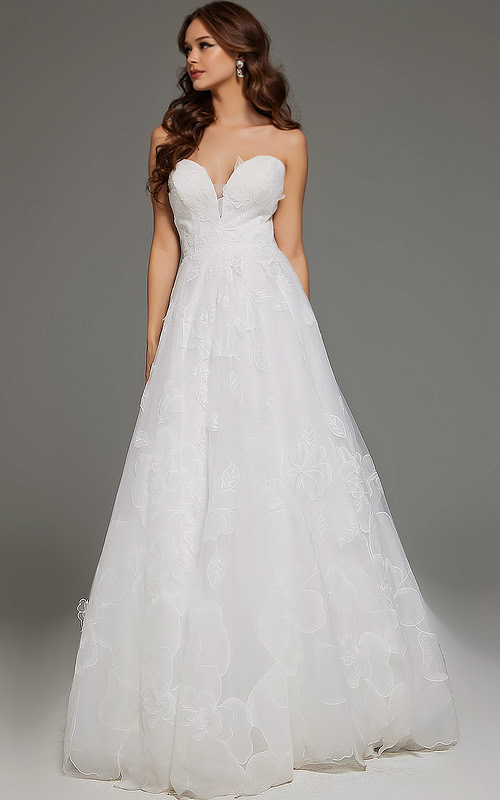 Full view of model in Jovani JB42324 ivory dress showcasing elegant silhouette and floral applique details.