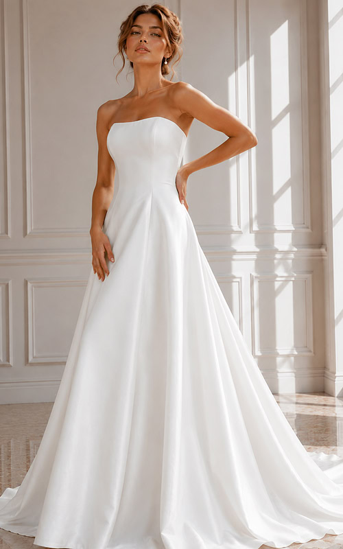 Sophisticated Bridal Gown with Sleek Satin Finish, Covered Buttons, and Sweep Train