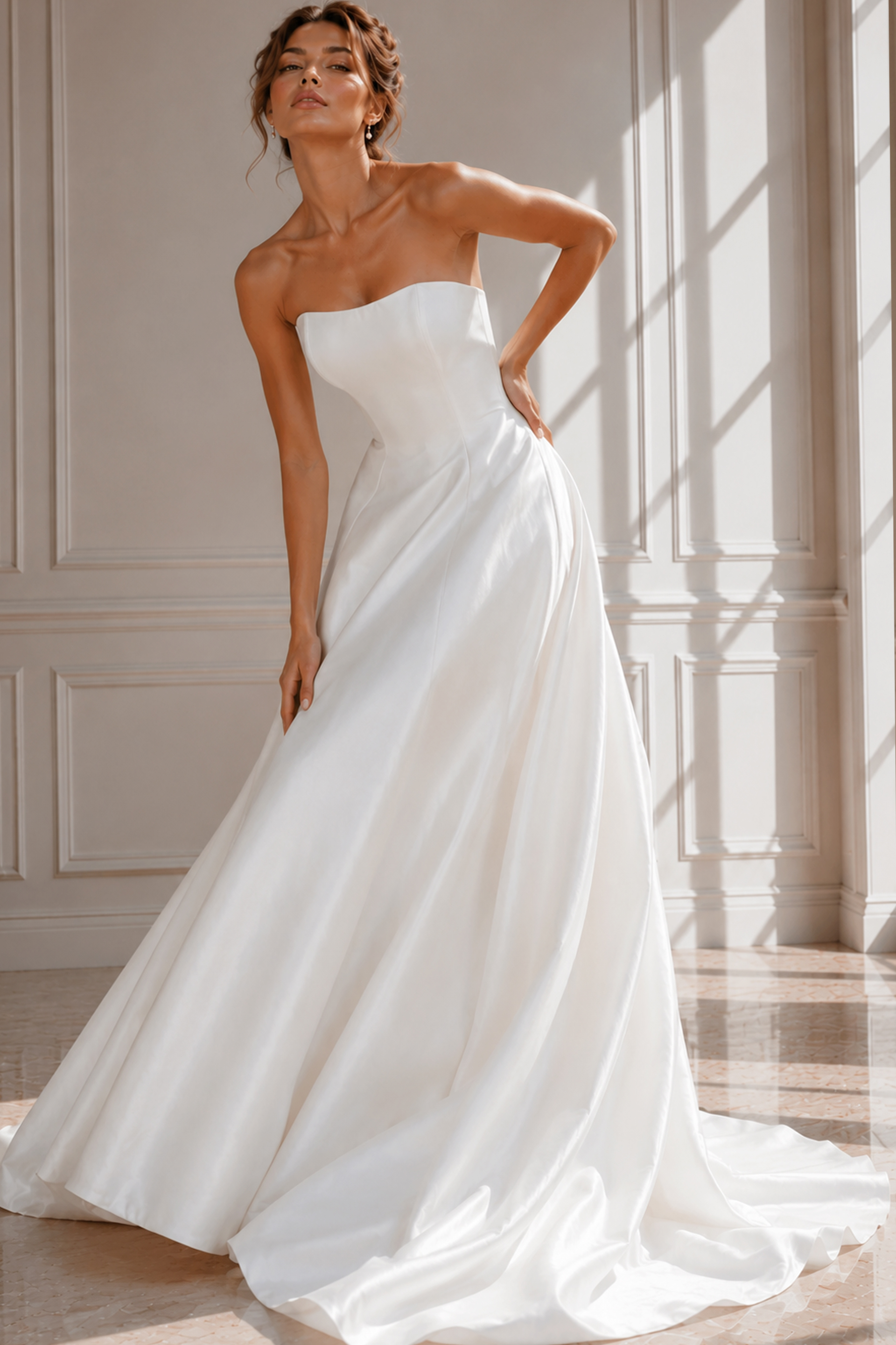 Strapless Satin A-Line Wedding Dress with Clean Lines and Cathedral-Length Train