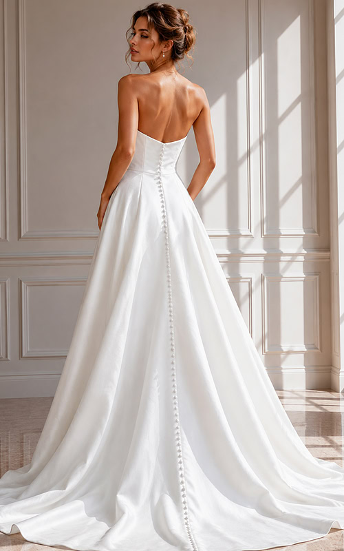 Elegant A-Line Bridal Dress with Straight Neckline, Seam Detailing, and Flowing Train
