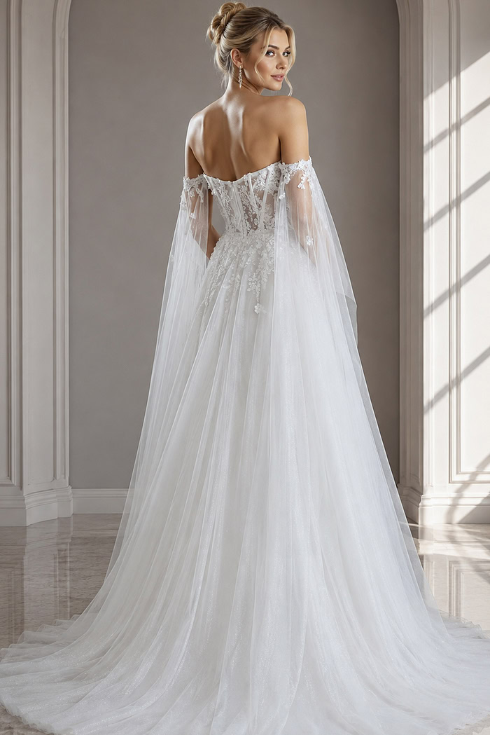 ivory floral lace A-line wedding dress with off the shoulder tulle cape sleeves and sheer corset bodice, front view, Jovani Bridal style JB42480
