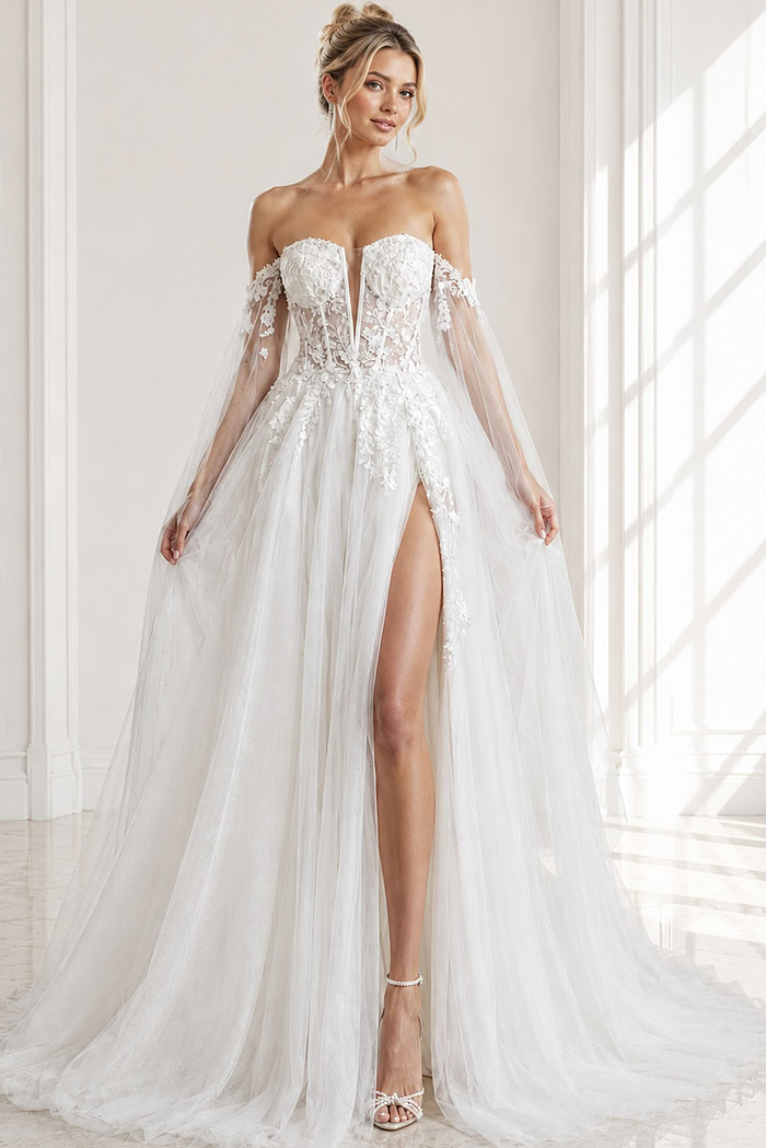 ivory floral lace A-line wedding dress with off the shoulder tulle cape sleeves and sheer corset bodice, front view, Jovani Bridal style JB42480