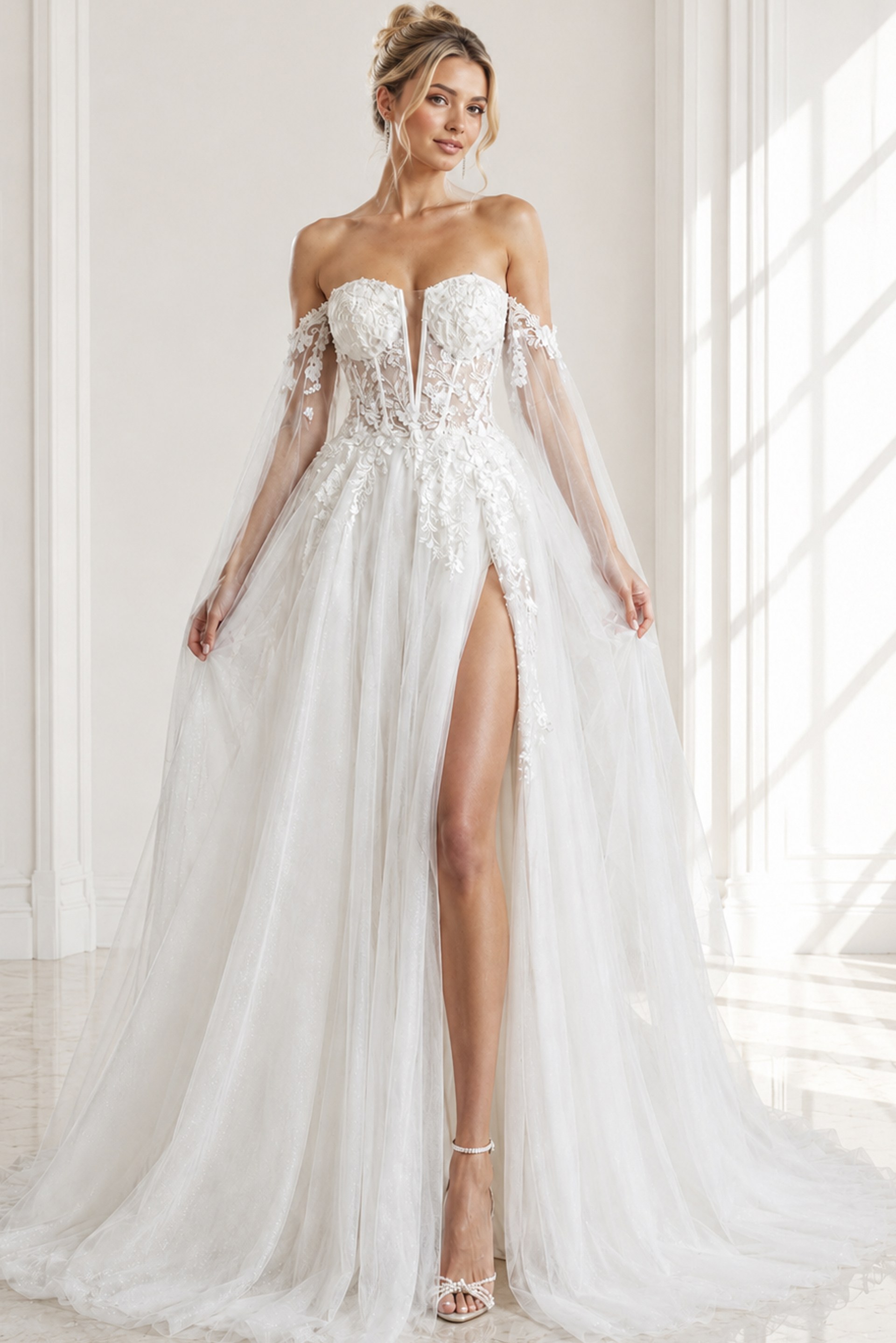 ivory floral lace A-line wedding dress with off the shoulder tulle cape sleeves and sheer corset bodice, front view, Jovani Bridal style JB42480