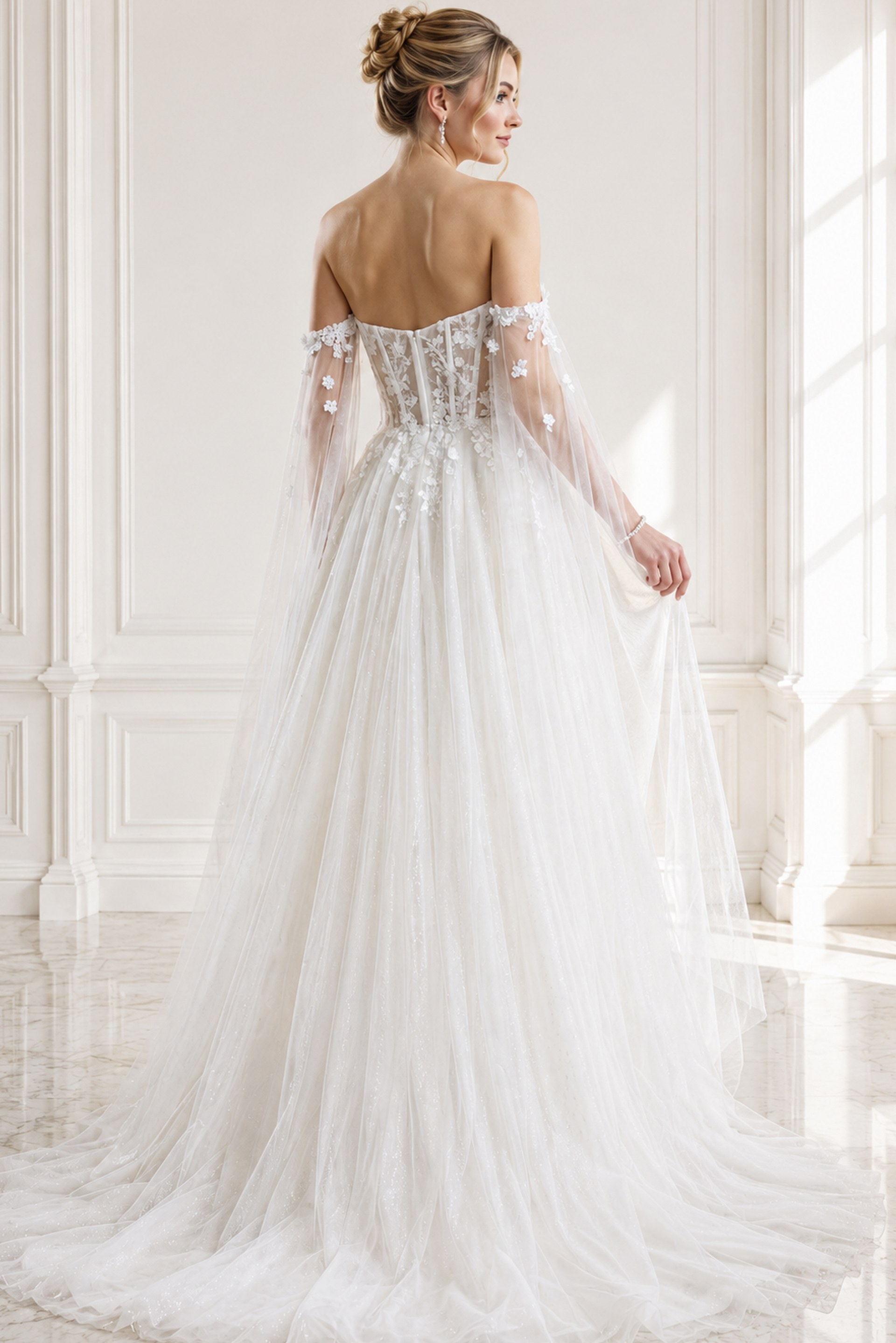ivory floral lace A-line wedding dress with off the shoulder tulle cape sleeves and sheer corset bodice, front view, Jovani Bridal style JB42480