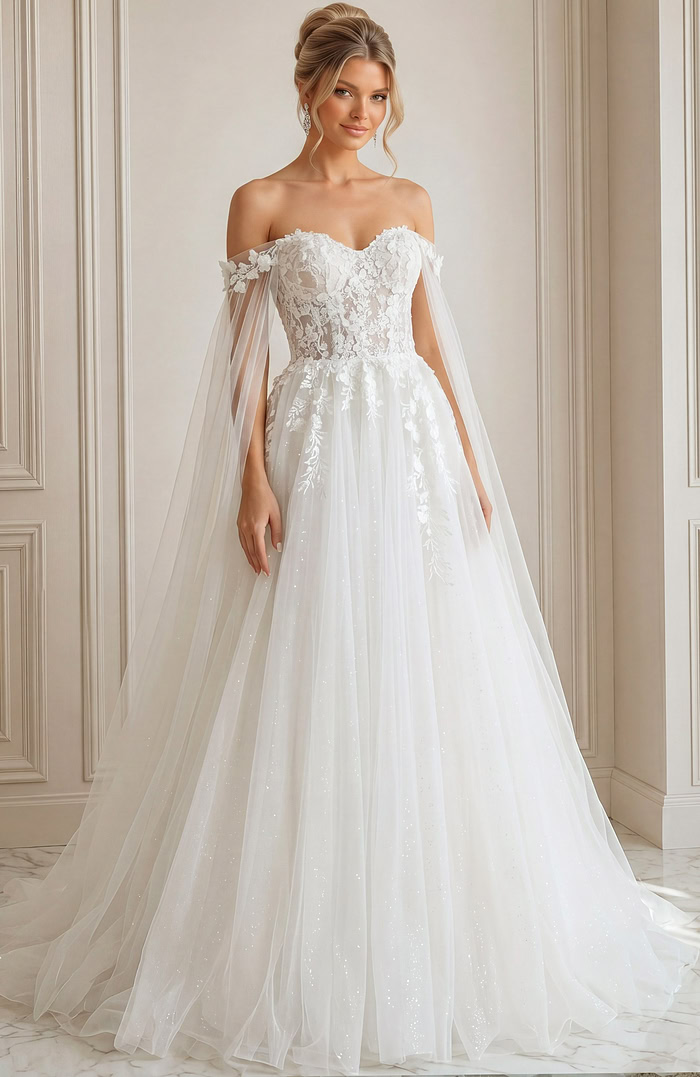 ivory floral lace A-line wedding dress with off the shoulder tulle cape sleeves, lace up corset back and sparkle tulle skirt, front view, Jovani Bridal style JB42481