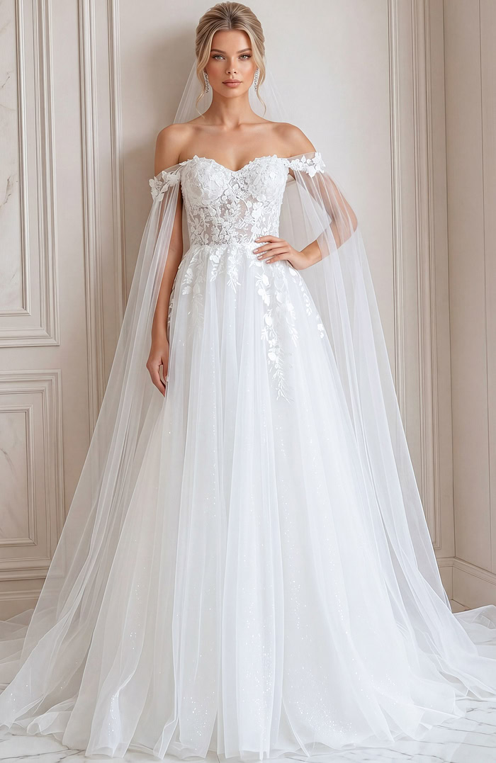 ivory floral lace A-line wedding dress with off the shoulder tulle cape sleeves, lace up corset back and sparkle tulle skirt, front view, Jovani Bridal style JB42481