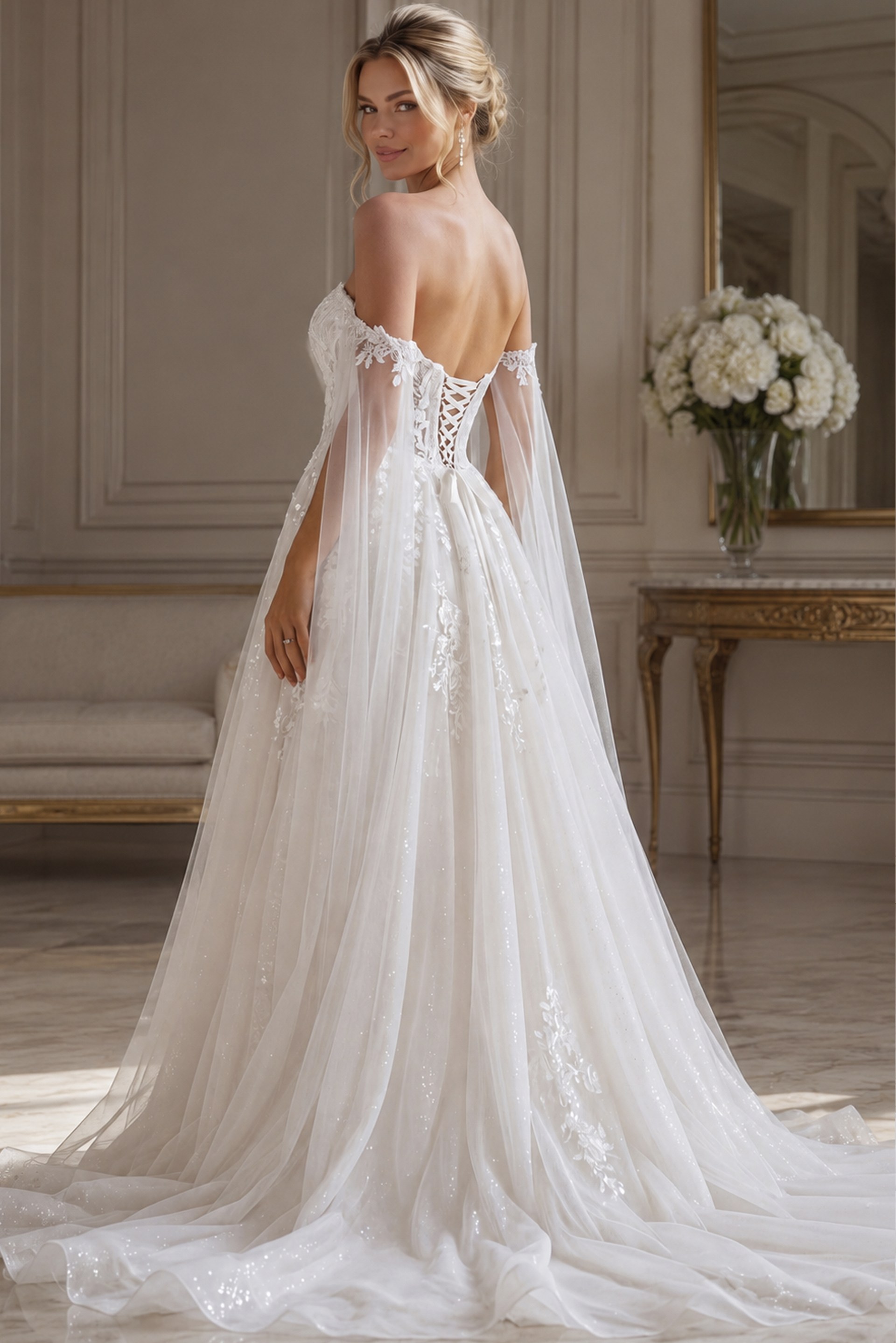 ivory floral lace A-line wedding dress with off the shoulder tulle cape sleeves, lace up corset back and sparkle tulle skirt, front view, Jovani Bridal style JB42481