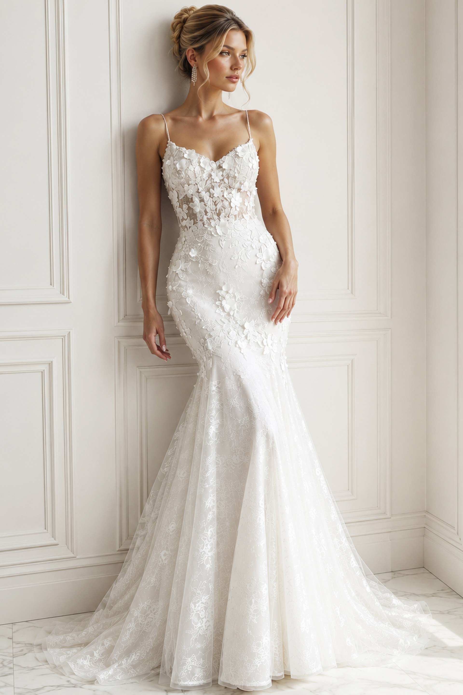 ivory 3D floral lace fitted mermaid wedding dress with V neckline, spaghetti straps and tulle cape train, front view, Jovani Bridal style JB42484
