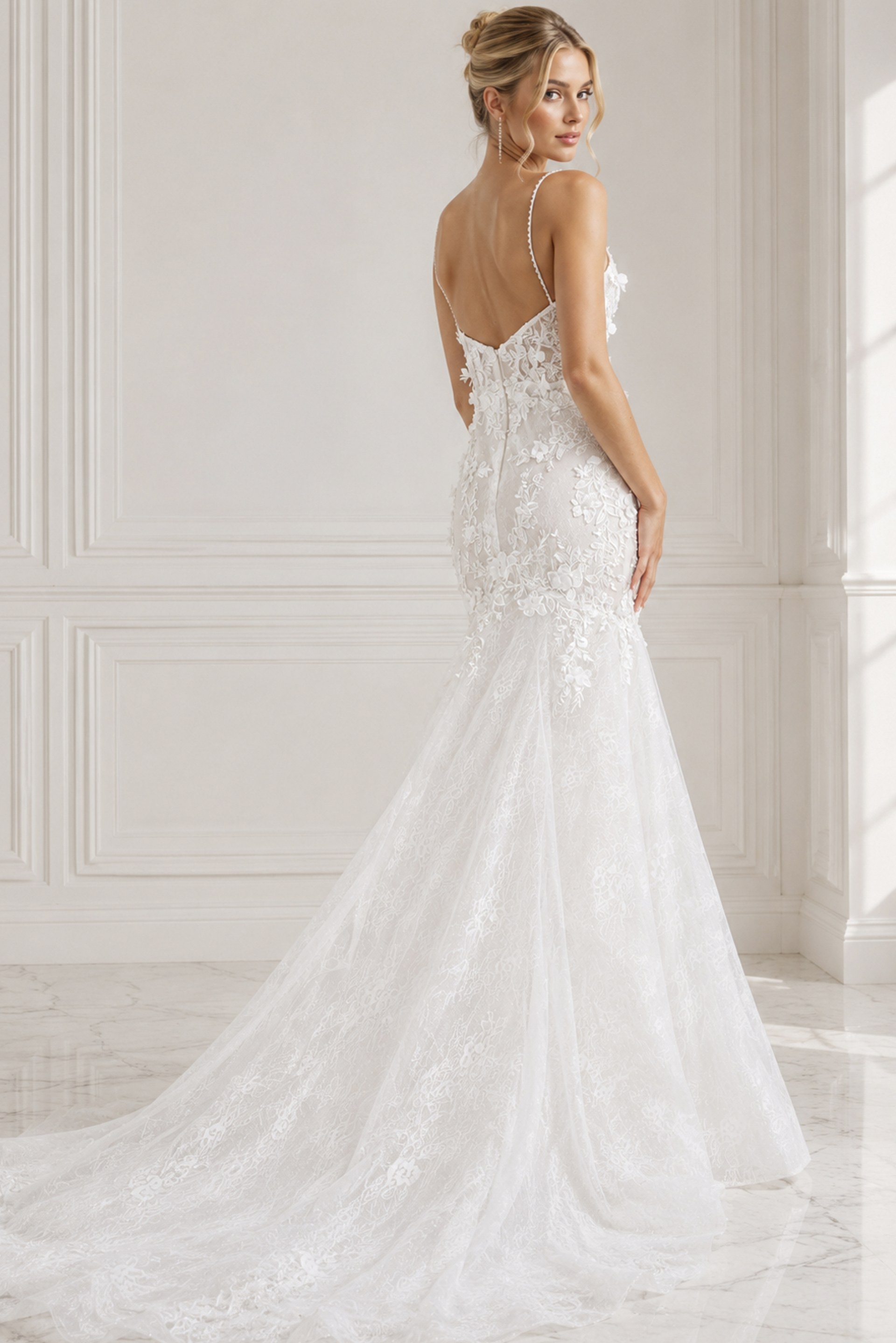 ivory 3D floral lace fitted mermaid wedding dress with V neckline, spaghetti straps and tulle cape train, front view, Jovani Bridal style JB42484