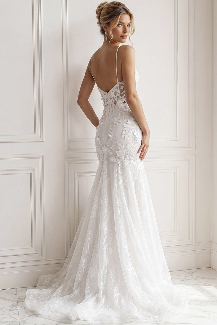 ivory 3D floral lace fitted mermaid wedding dress with V neckline, spaghetti straps and tulle cape train, front view, Jovani Bridal style JB42484