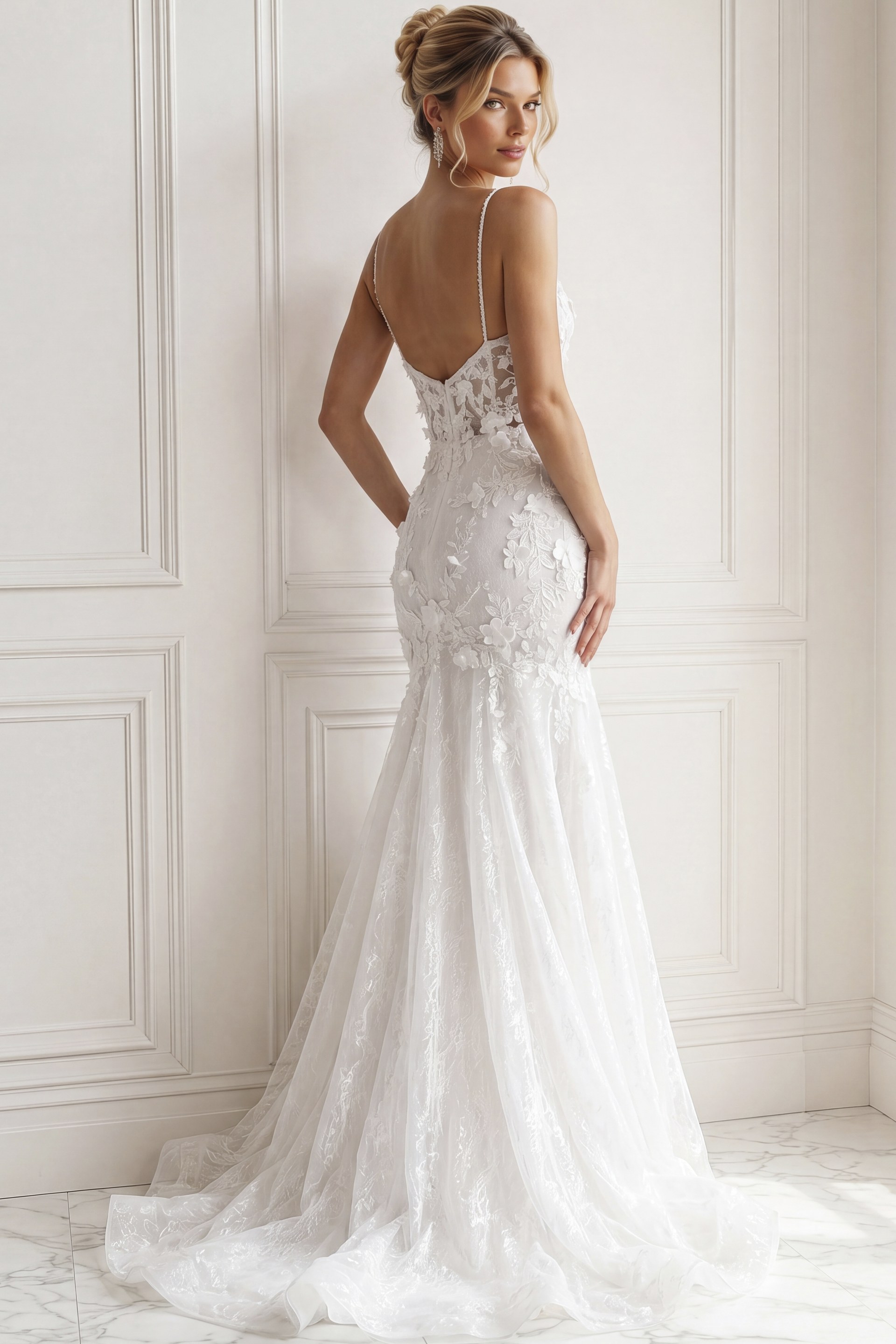 ivory 3D floral lace fitted mermaid wedding dress with V neckline, spaghetti straps and tulle cape train, front view, Jovani Bridal style JB42484