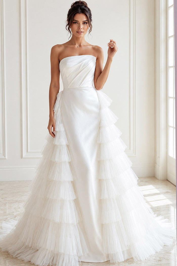 ivory satin strapless fitted wedding dress with draped asymmetric neckline and tiered tulle ruffle overskirt, front view, Jovani Bridal style JB42769