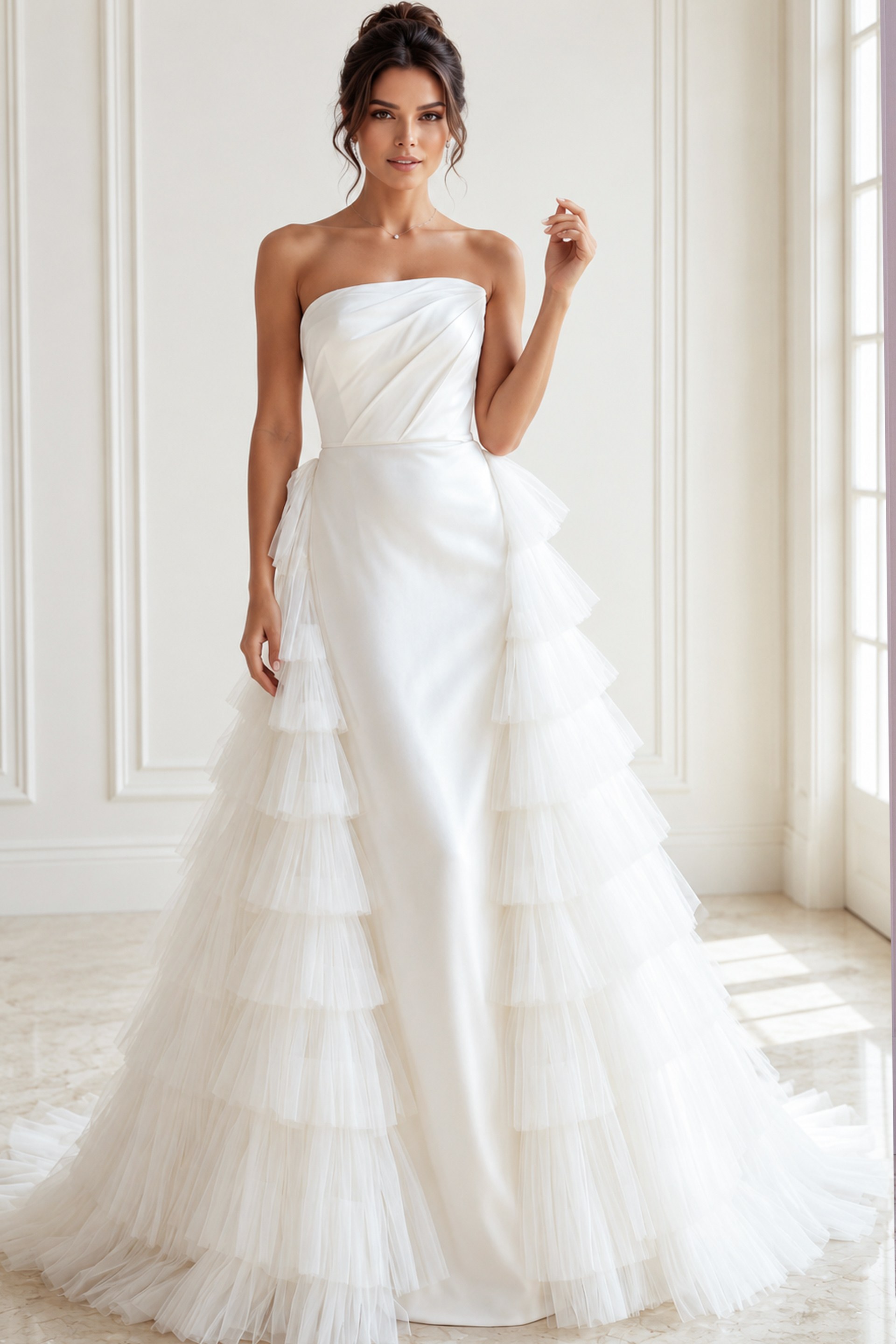 ivory satin strapless fitted wedding dress with draped asymmetric neckline and tiered tulle ruffle overskirt, front view, Jovani Bridal style JB42769