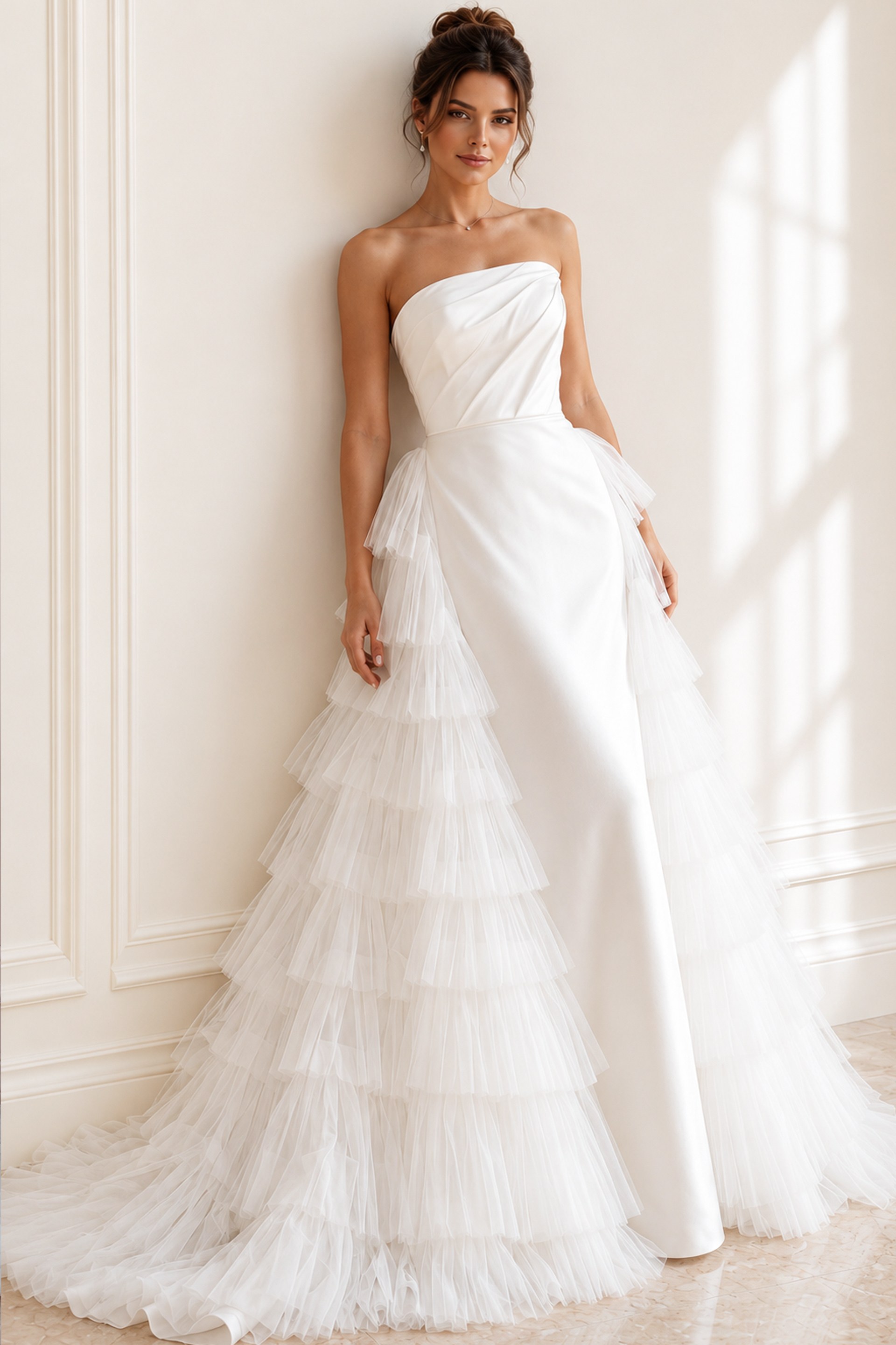 ivory satin strapless fitted wedding dress with draped asymmetric neckline and tiered tulle ruffle overskirt, front view, Jovani Bridal style JB42769