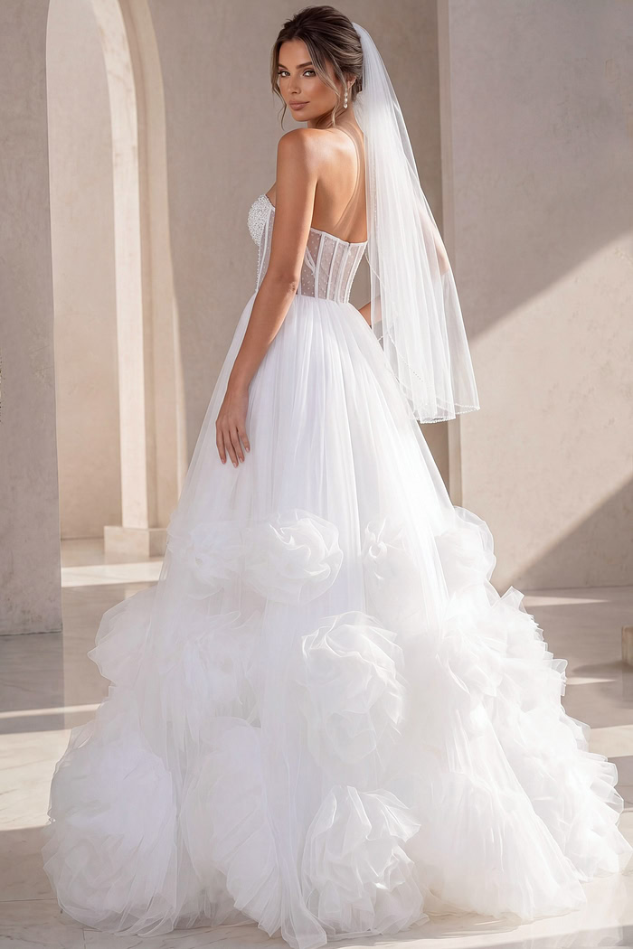 white tulle strapless ballgown wedding dress with pearl beaded corset bodice and rosette ruffle skirt, front view, Jovani Bridal style JB42782