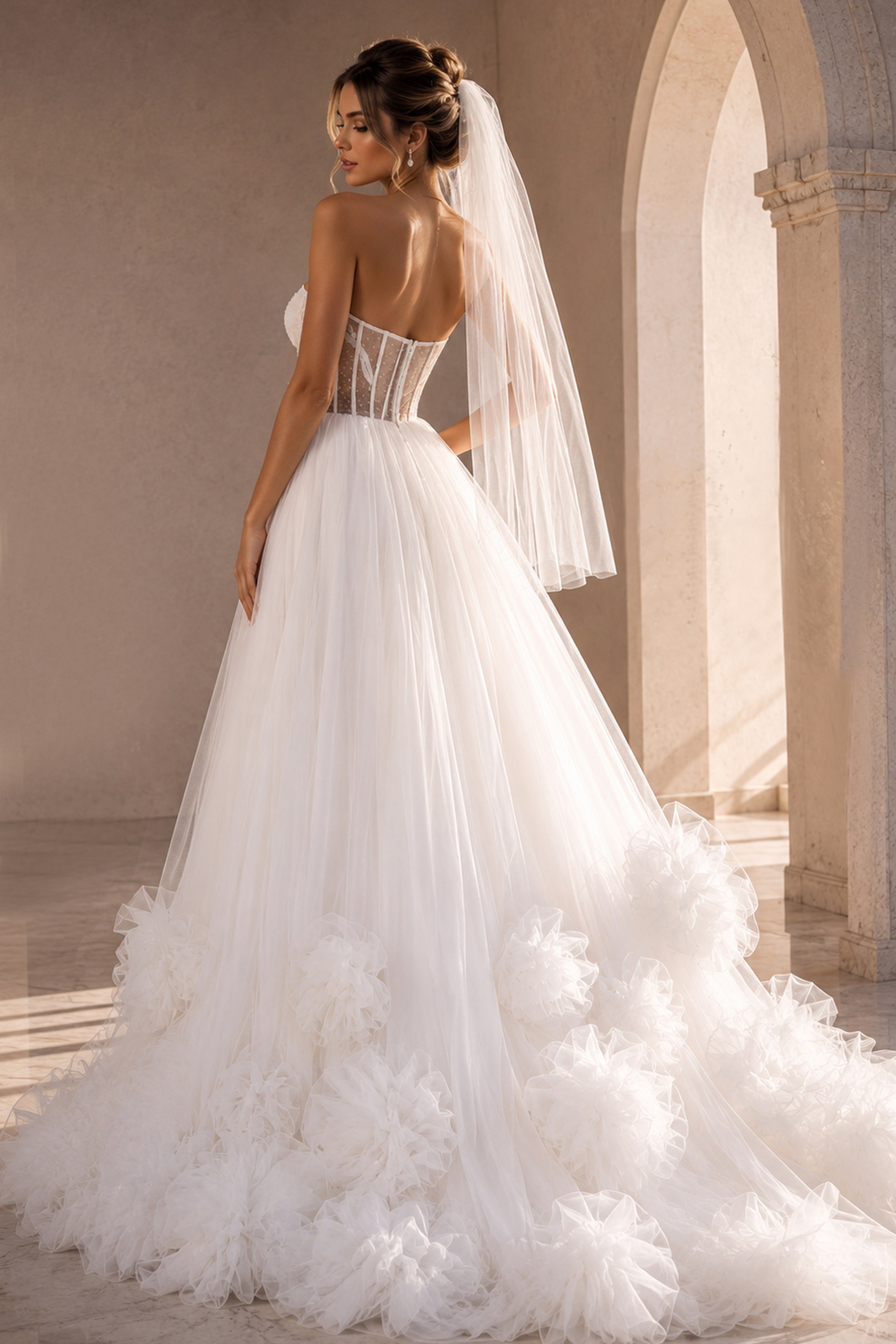 white tulle strapless ballgown wedding dress with pearl beaded corset bodice and rosette ruffle skirt, front view, Jovani Bridal style JB42782