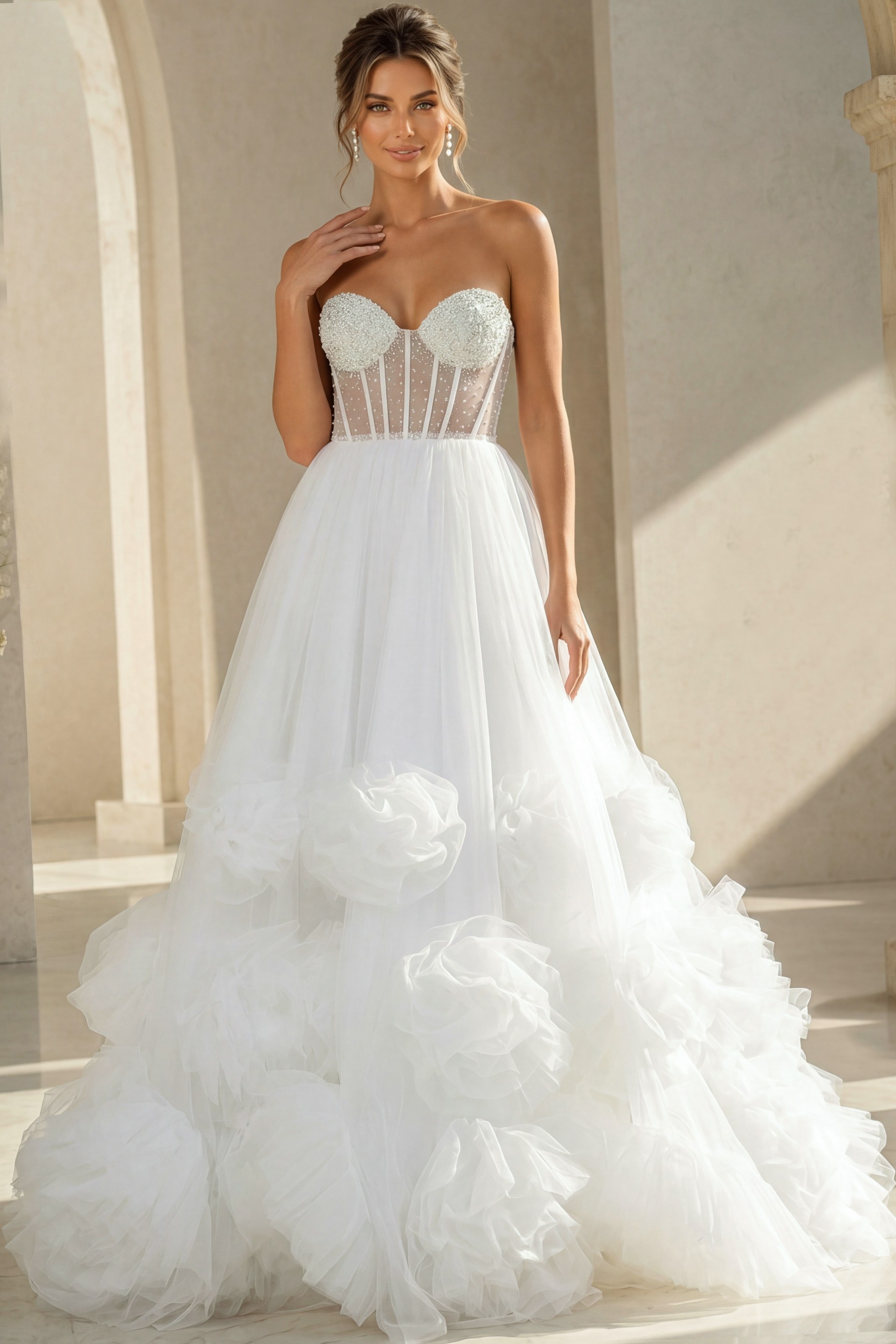 white tulle strapless ballgown wedding dress with pearl beaded corset bodice and rosette ruffle skirt, front view, Jovani Bridal style JB42782