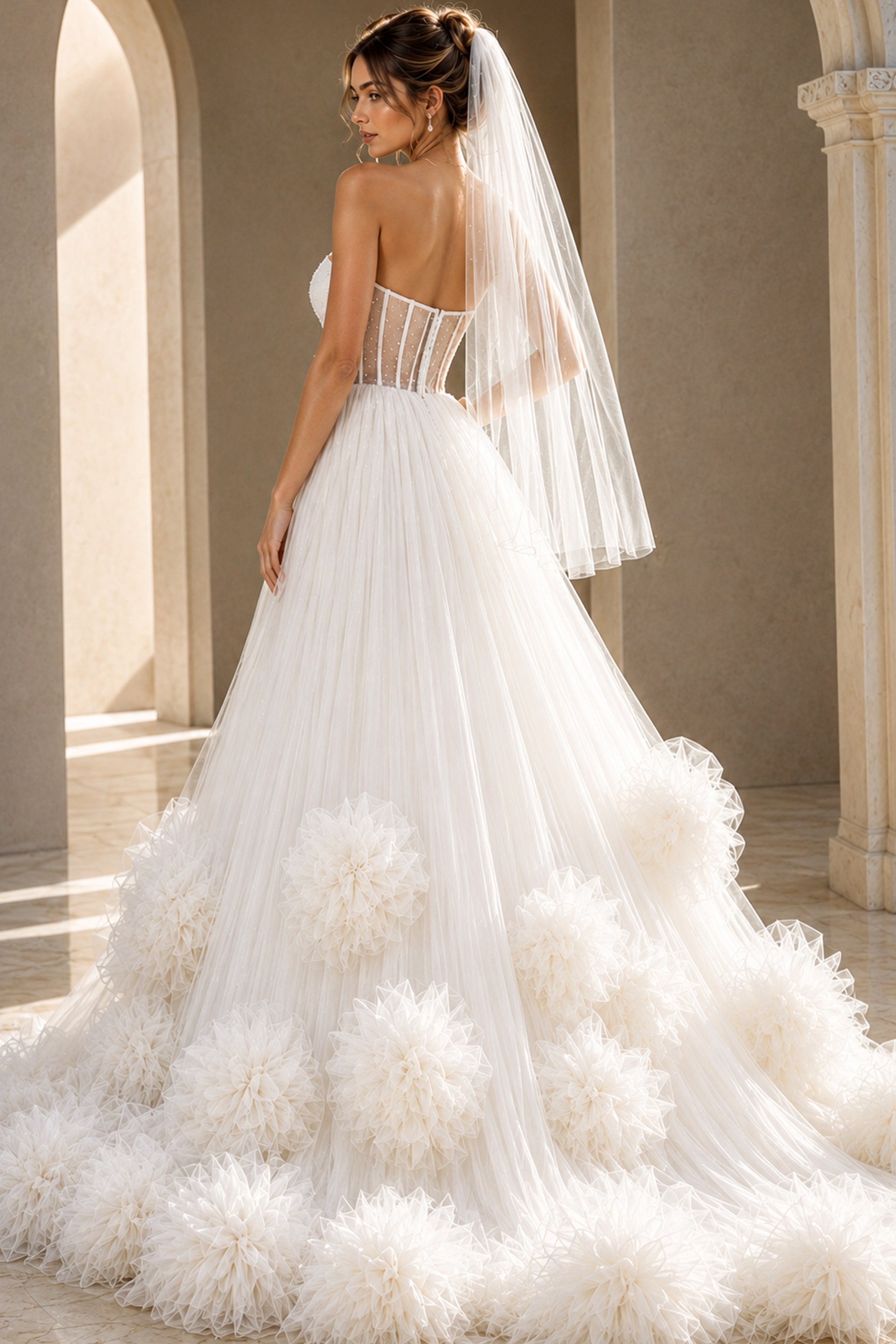 white tulle strapless ballgown wedding dress with pearl beaded corset bodice and rosette ruffle skirt, front view, Jovani Bridal style JB42782