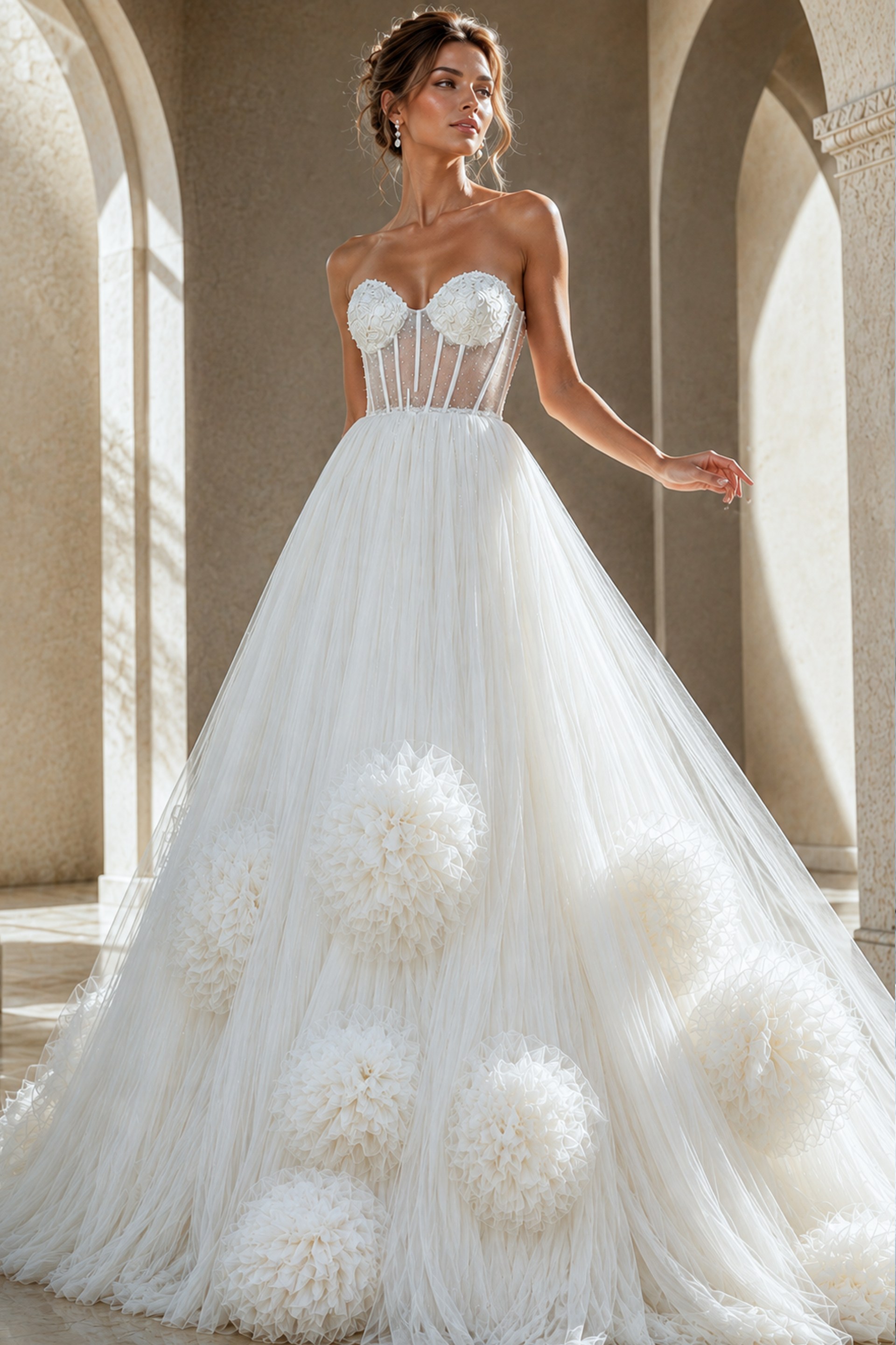 white tulle strapless ballgown wedding dress with pearl beaded corset bodice and rosette ruffle skirt, front view, Jovani Bridal style JB42782