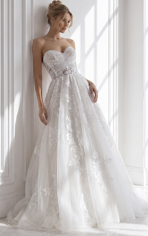 Classic white ballgown wedding dress with a fitted, strapless bodice and subtle ruched detailing,