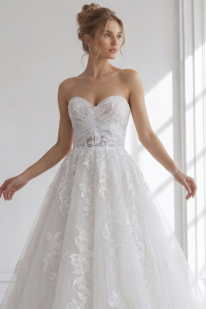 Elegant strapless bridal dress with a sweetheart neckline,