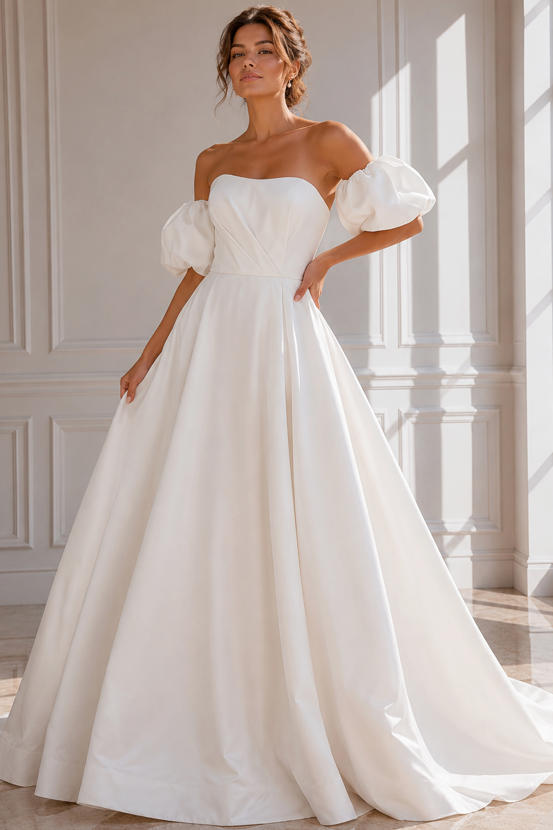 Classic Satin Wedding Dress with Draped Bodice, Covered Buttons, and Chapel Train