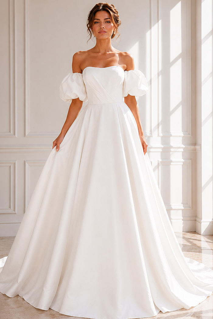 Off-the-Shoulder Satin Ball Gown Wedding Dress with Puff Sleeves and Full Skirt
