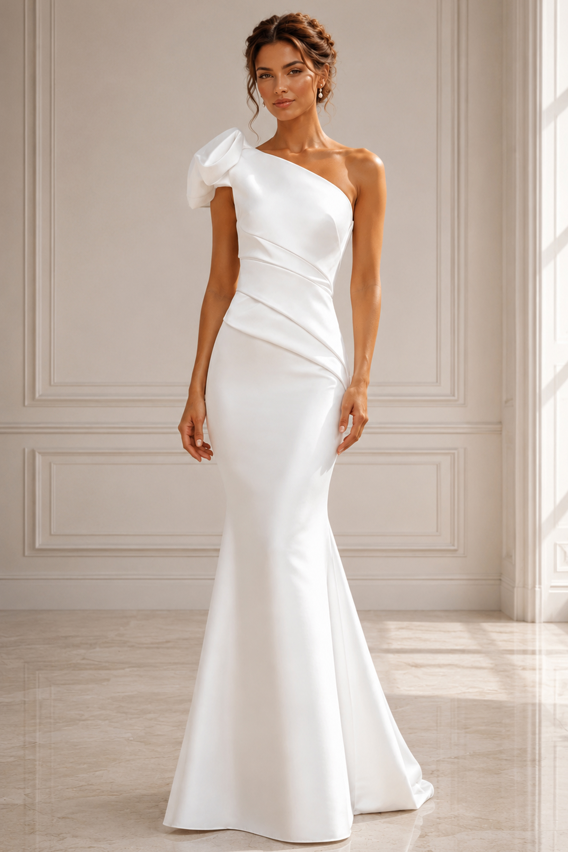 Minimalist white mermaid gown with clean lines, one-shoulder design