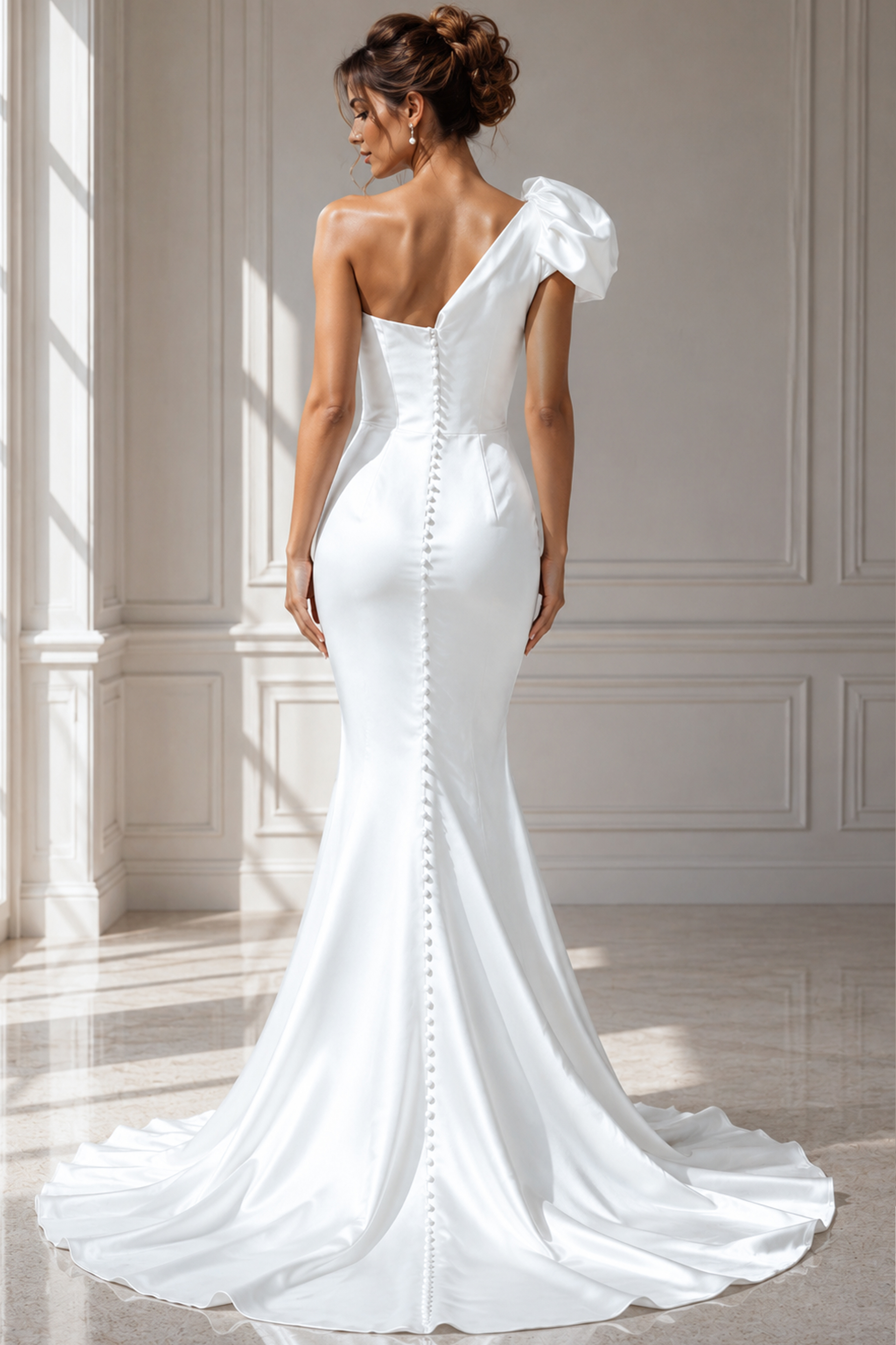 Sophisticated bridal gown crafted in smooth ivory satin, showcasing a puffed shoulder accent