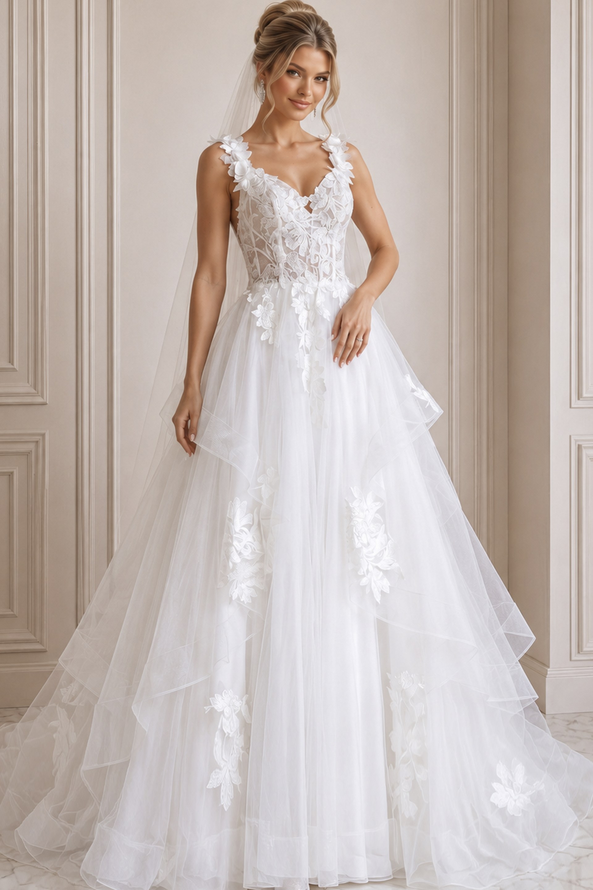 ivory 3D floral lace tiered A-line wedding dress with sweetheart neckline and floral straps, front view, Jovani Bridal style JB43314