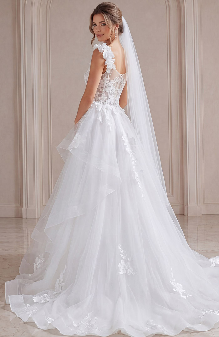 ivory 3D floral lace tiered A-line wedding dress with sweetheart neckline and floral straps, front view, Jovani Bridal style JB43314