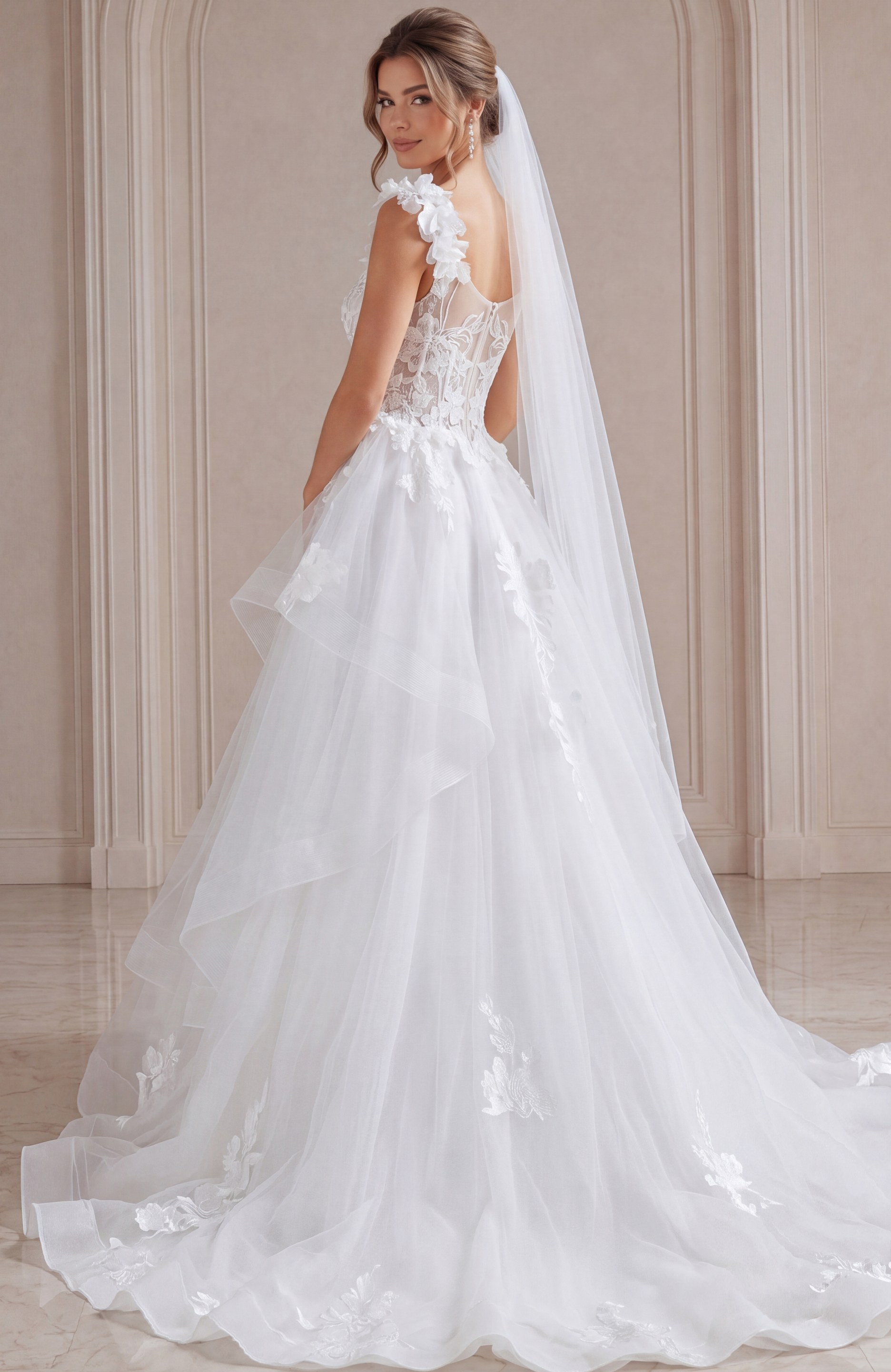 ivory 3D floral lace tiered A-line wedding dress with sweetheart neckline and floral straps, front view, Jovani Bridal style JB43314