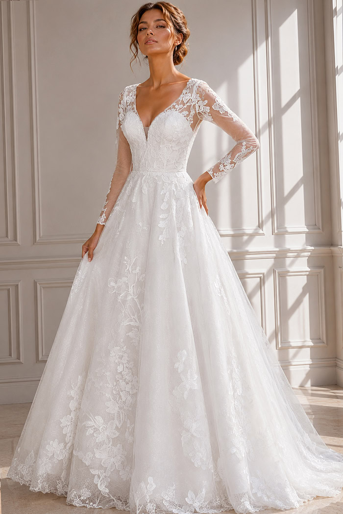 Elegant Lace Wedding Dress with Open V-Back, Delicate Embroidery, and Chapel Train